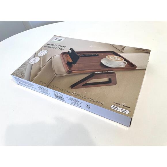Acacia Wood Armrest Tray with Phone Holder and Non-Slip Backing - Picture 1 of 4